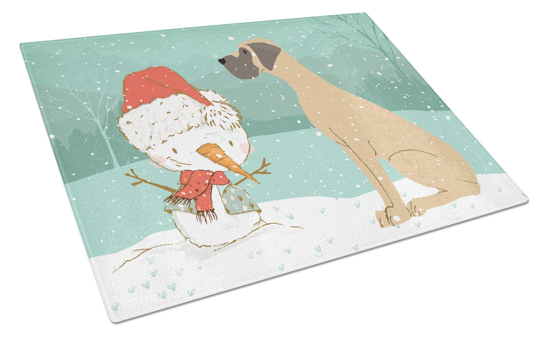 Fawn Natural Great Dane Snowman Christmas Cutting Board Tempered Glass Kitchen Cutting Surface, Heat Resistant Chopping, Non-Slip Feet, Food Prep & Serving