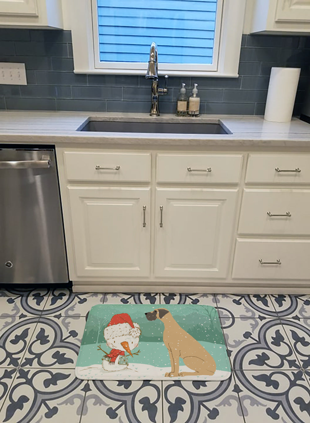 Fawn Natural Great Dane Snowman Christmas Memory Foam Kitchen Mat Machine Washable Anti-Fatigue Cushion Comfort Bath or Kitchen Rug