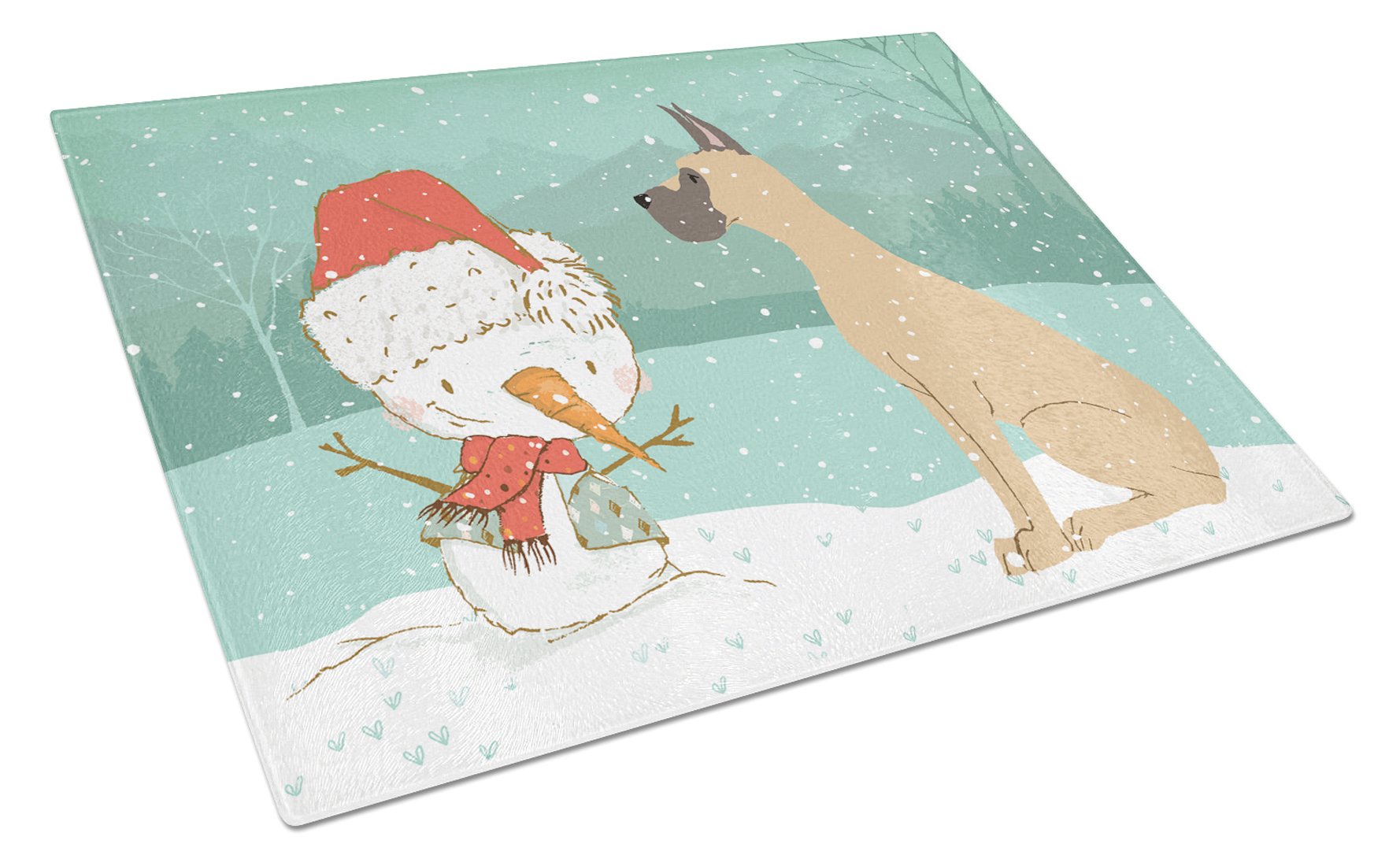 Cropped Fawn Great Dane Snowman Christmas Cutting Board Tempered Glass Kitchen Cutting Surface, Heat Resistant Chopping, Non-Slip Feet, Food Prep & Serving