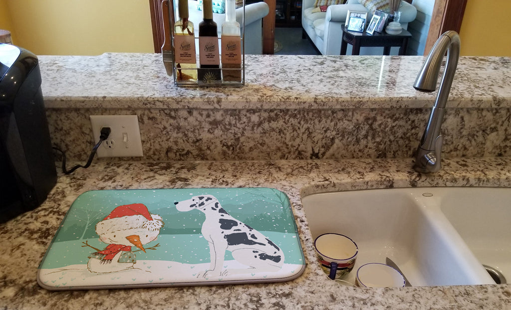 Harlequin Great Dane Snowman Christmas Dish Drying Mat Absorbent Dish Drying Mat Pad for Kitchen Counter Dish Drainer Mat for Countertop, 14 x 21", Multicolor