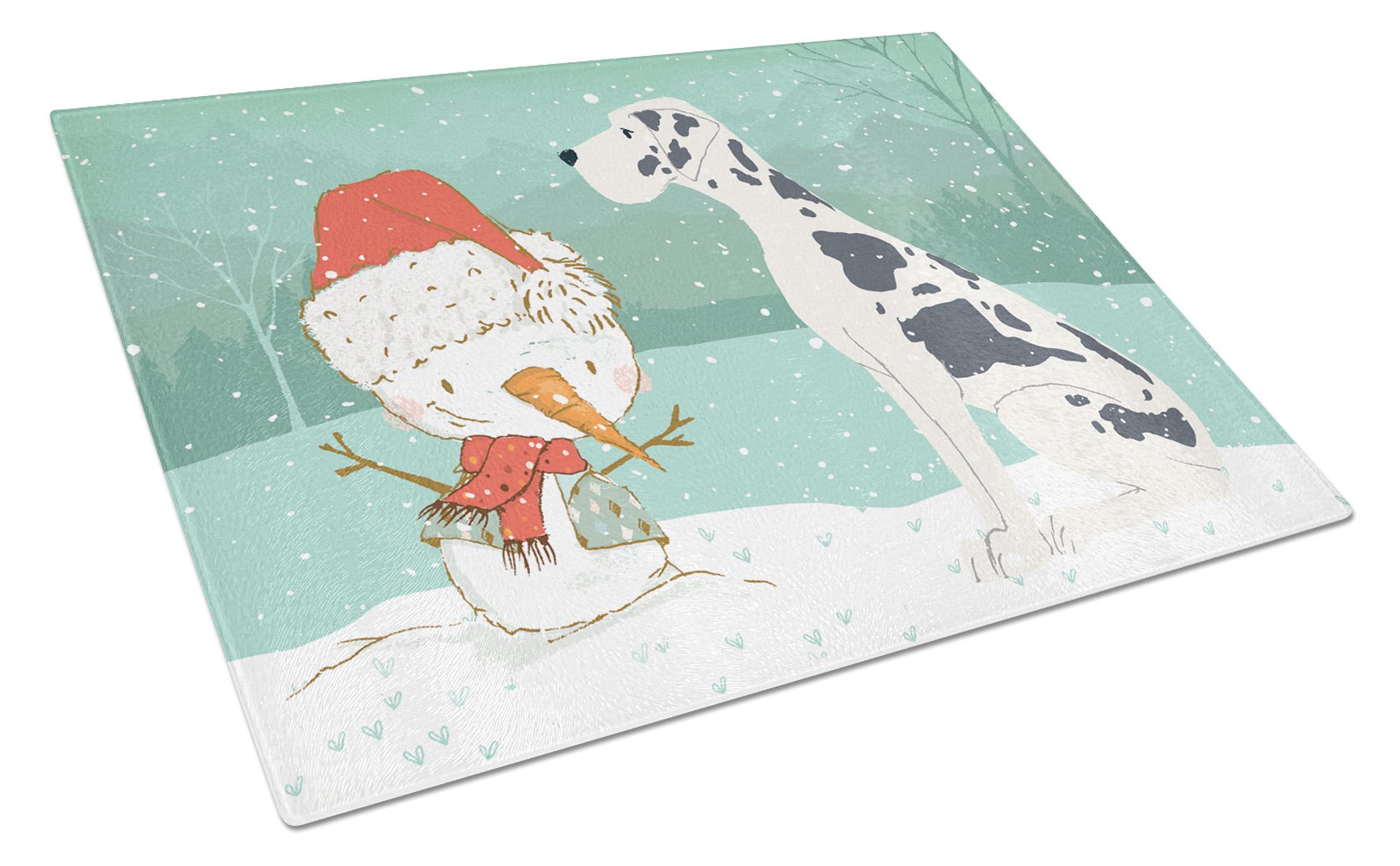 Harlequin Great Dane Snowman Christmas Cutting Board Tempered Glass Kitchen Cutting Surface, Heat Resistant Chopping, Non-Slip Feet, Food Prep & Serving
