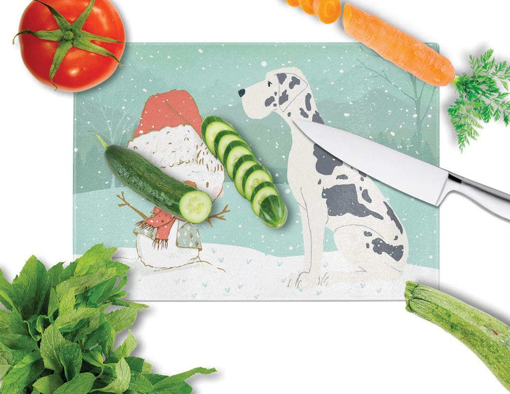 Harlequin Great Dane Snowman Christmas Cutting Board Tempered Glass Kitchen Cutting Surface, Heat Resistant Chopping, Non-Slip Feet, Food Prep & Serving