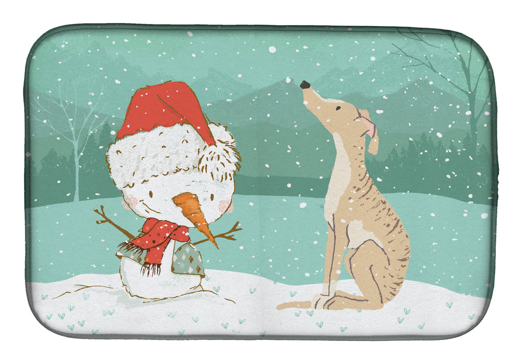 Brindle Greyhound Snowman Christmas Dish Drying Mat Absorbent Dish Drying Mat Pad for Kitchen Counter Dish Drainer Mat for Countertop, 14 x 21", Multicolor