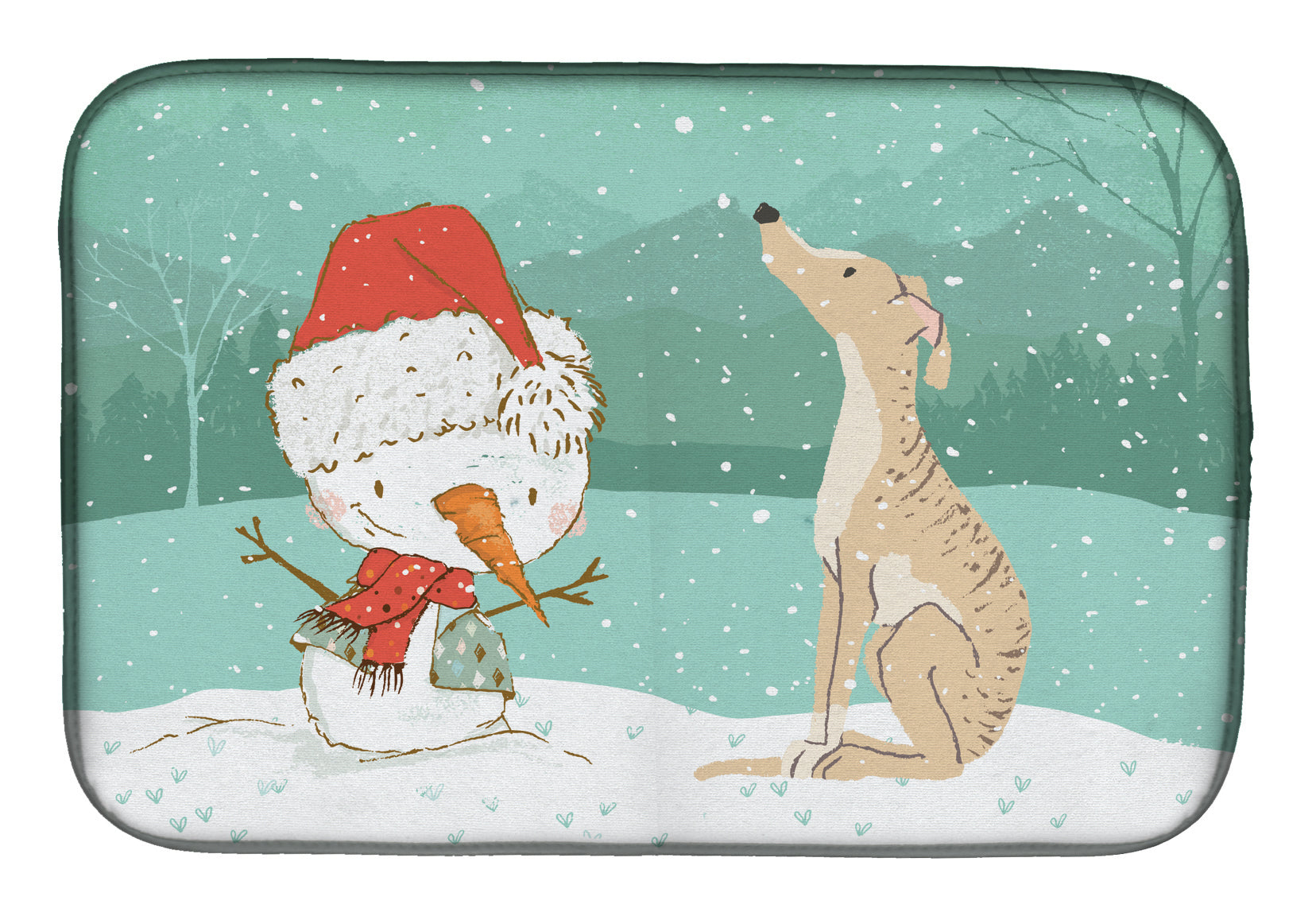 Brindle Greyhound Snowman Christmas Dish Drying Mat Absorbent Dish Drying Mat Pad for Kitchen Counter Dish Drainer Mat for Countertop, 14 x 21", Multicolor