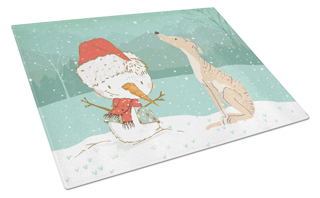 Brindle Greyhound Snowman Christmas Cutting Board Tempered Glass Kitchen Cutting Surface, Heat Resistant Chopping, Non-Slip Feet, Food Prep & Serving