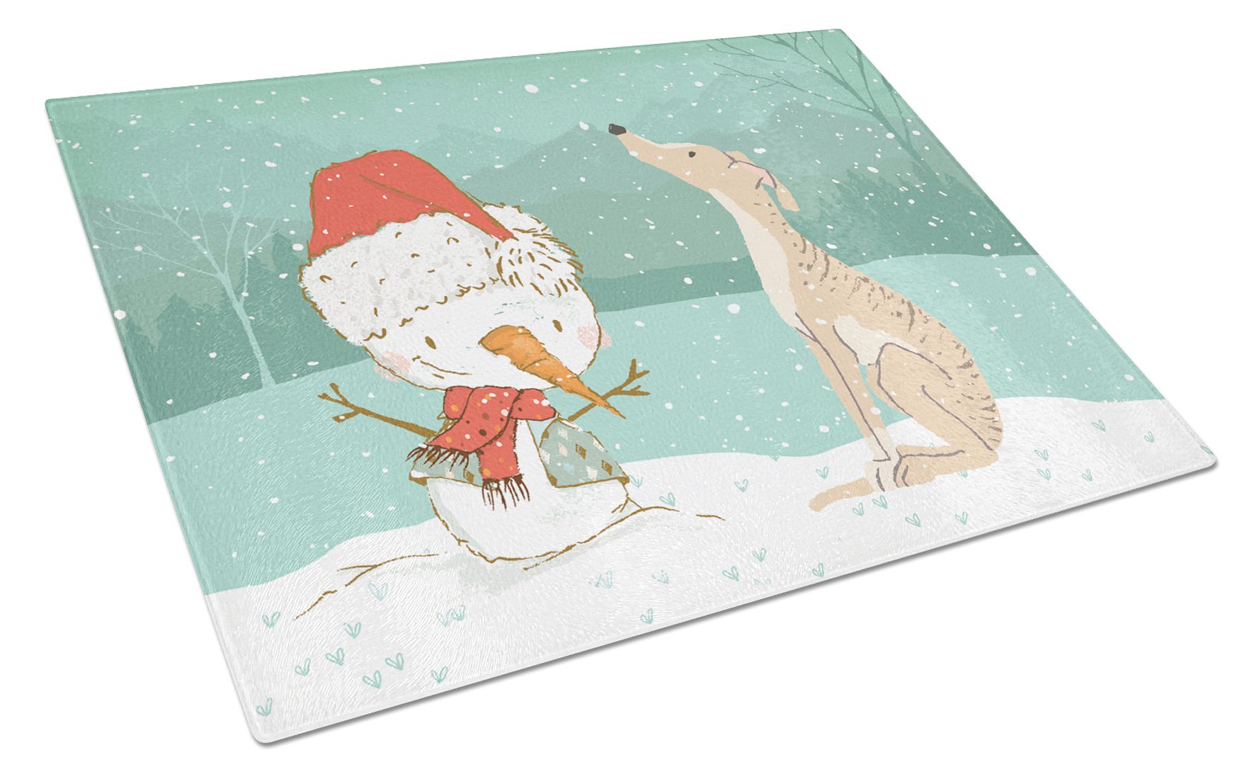 Brindle Greyhound Snowman Christmas Cutting Board Tempered Glass Kitchen Cutting Surface, Heat Resistant Chopping, Non-Slip Feet, Food Prep & Serving