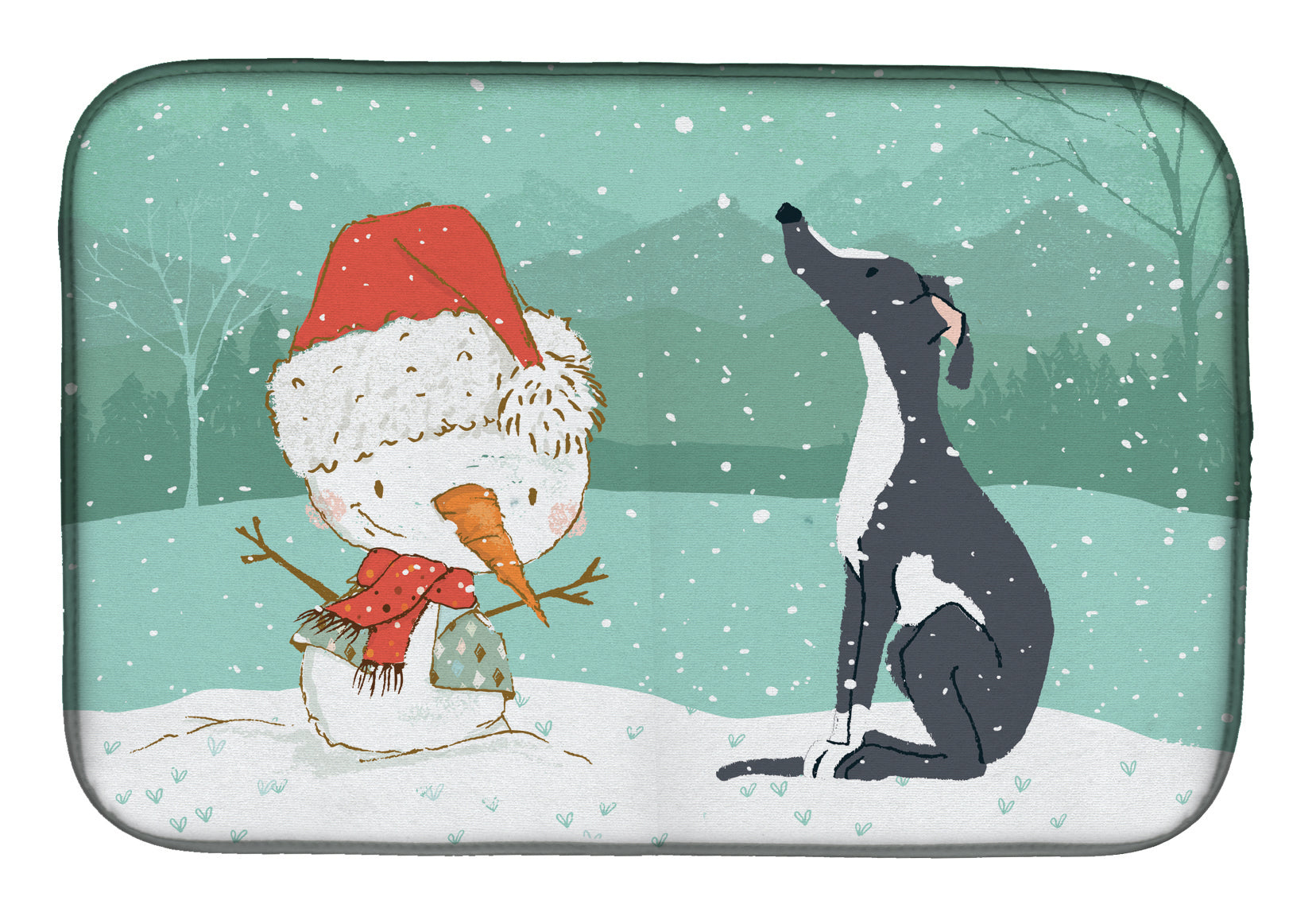 Black Greyhound Snowman Christmas Dish Drying Mat Absorbent Dish Drying Mat Pad for Kitchen Counter Dish Drainer Mat for Countertop, 14 x 21", Multicolor