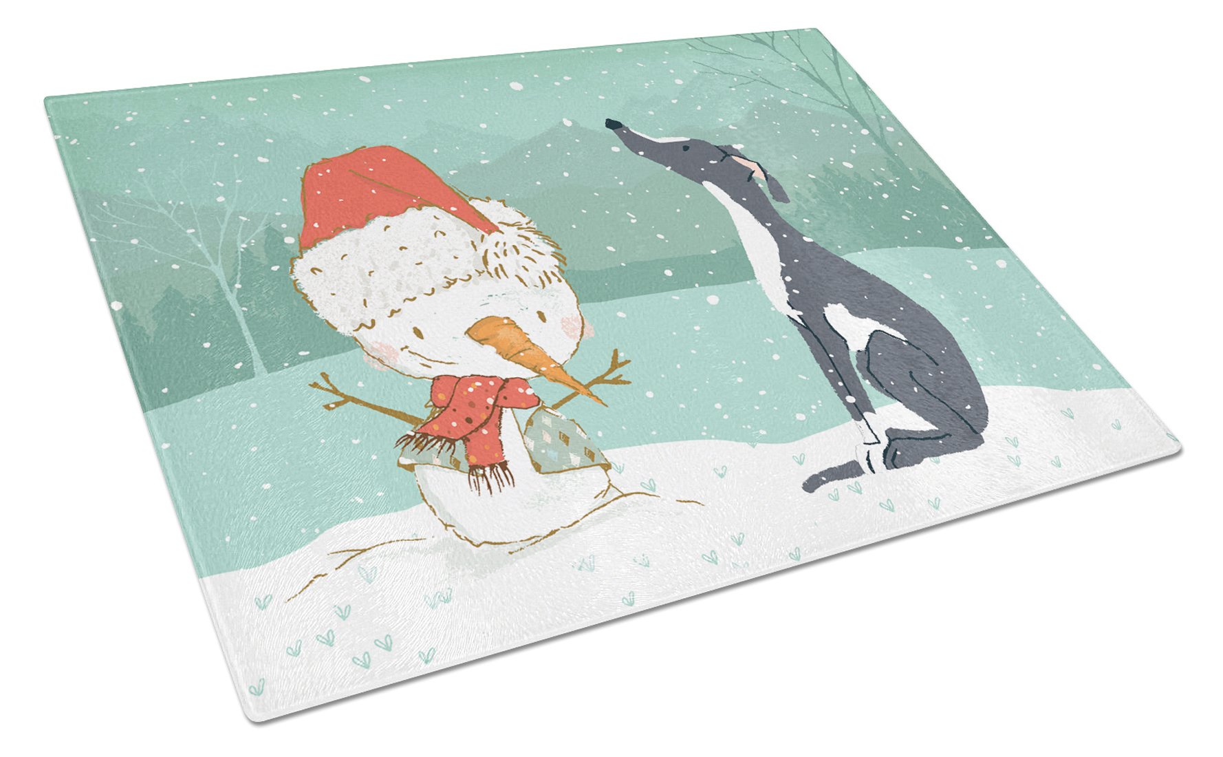 Black Greyhound Snowman Christmas Cutting Board Tempered Glass Kitchen Cutting Surface, Heat Resistant Chopping, Non-Slip Feet, Food Prep & Serving