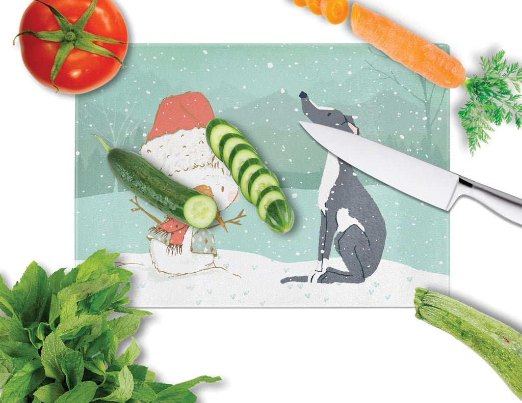 Black Greyhound Snowman Christmas Cutting Board Tempered Glass Kitchen Cutting Surface, Heat Resistant Chopping, Non-Slip Feet, Food Prep & Serving