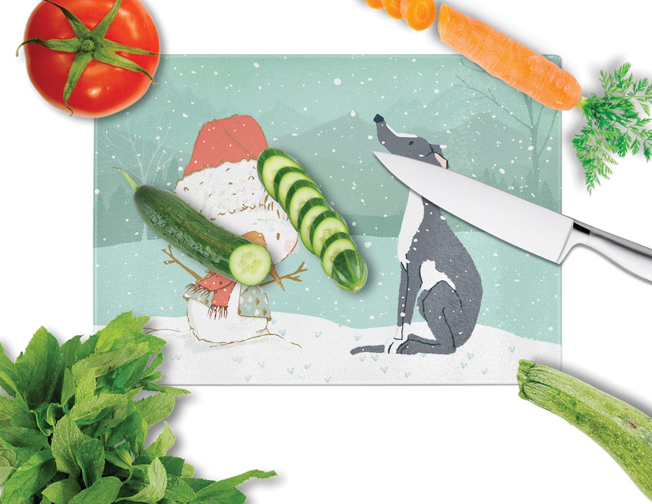 Black Greyhound Snowman Christmas Cutting Board Tempered Glass Kitchen Cutting Surface, Heat Resistant Chopping, Non-Slip Feet, Food Prep & Serving