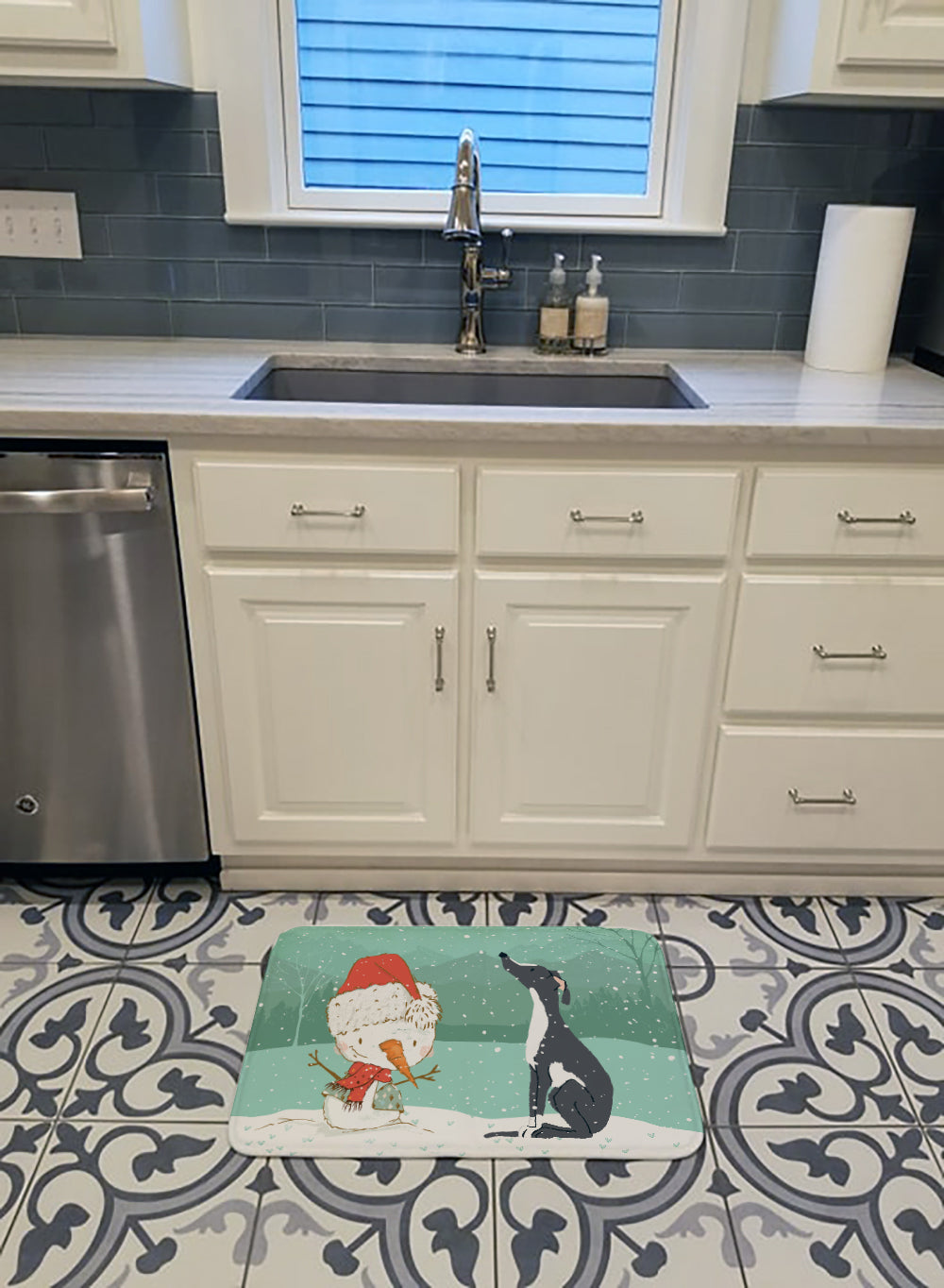 Black Greyhound Snowman Christmas Memory Foam Kitchen Mat Machine Washable Anti-Fatigue Cushion Comfort Bath or Kitchen Rug