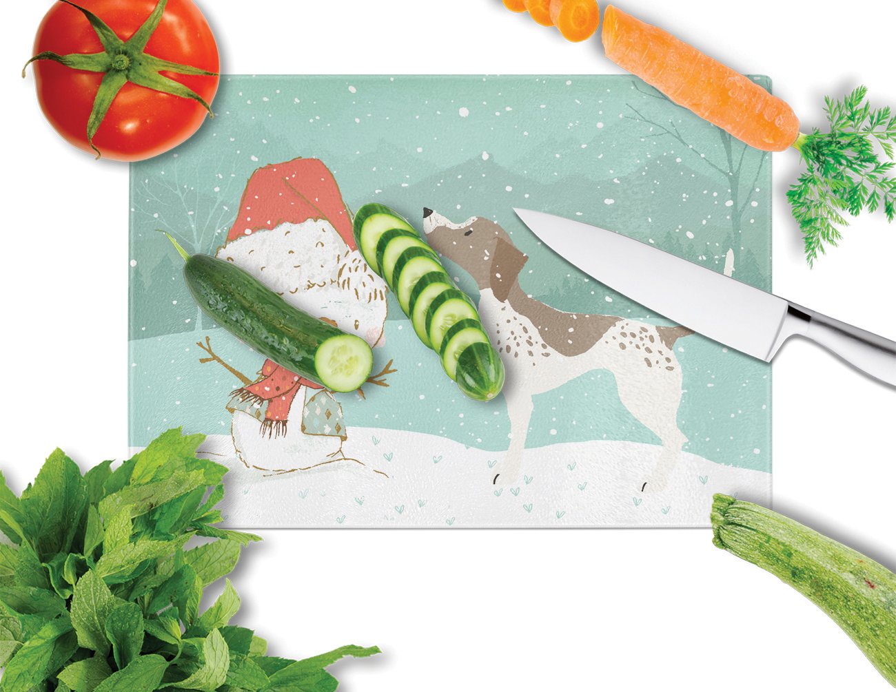 German Shorthair Snowman Christmas Cutting Board Tempered Glass Kitchen Cutting Surface, Heat Resistant Chopping, Non-Slip Feet, Food Prep & Serving