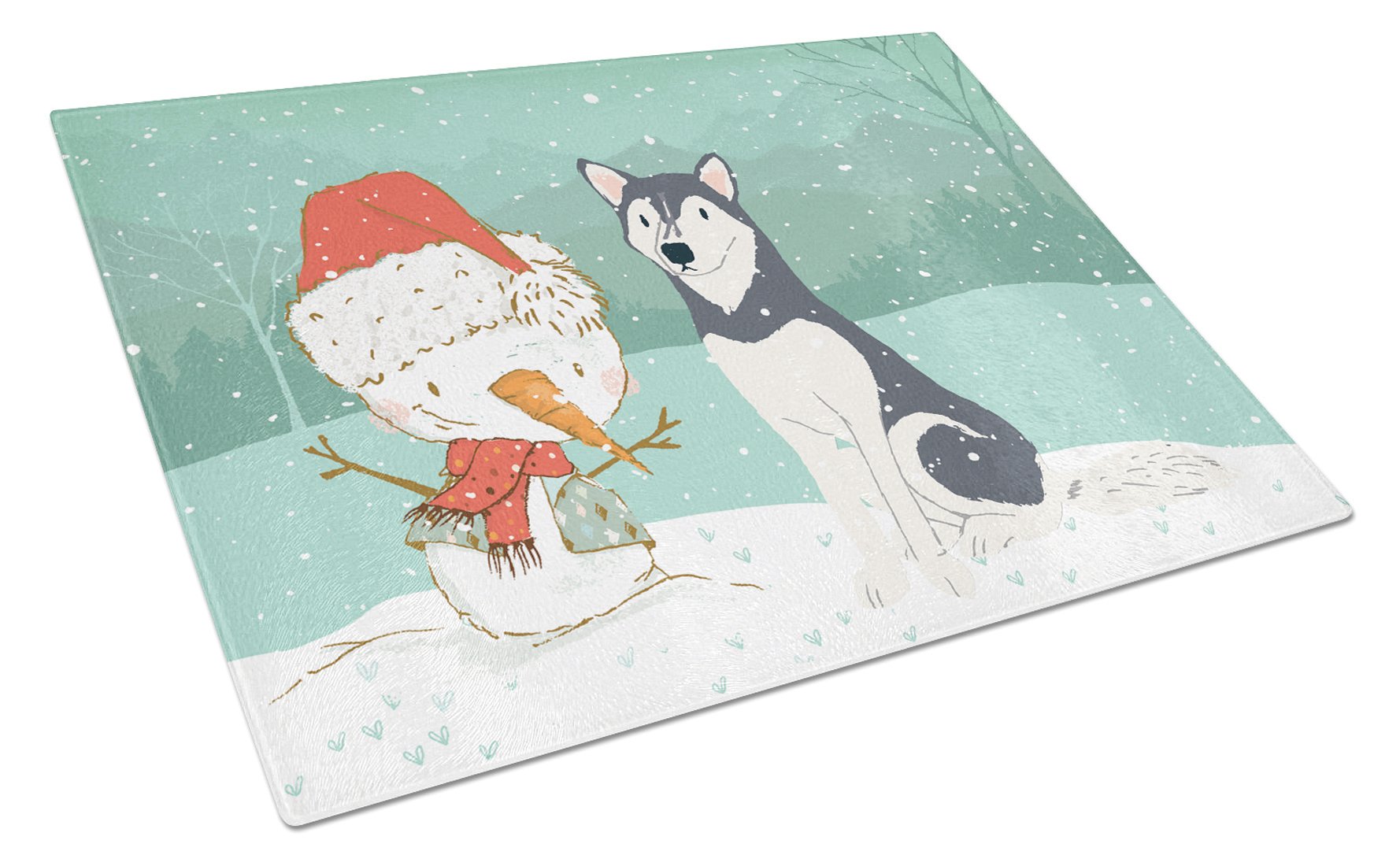 Siberian Husky Snowman Christmas Cutting Board Tempered Glass Kitchen Cutting Surface, Heat Resistant Chopping, Non-Slip Feet, Food Prep & Serving