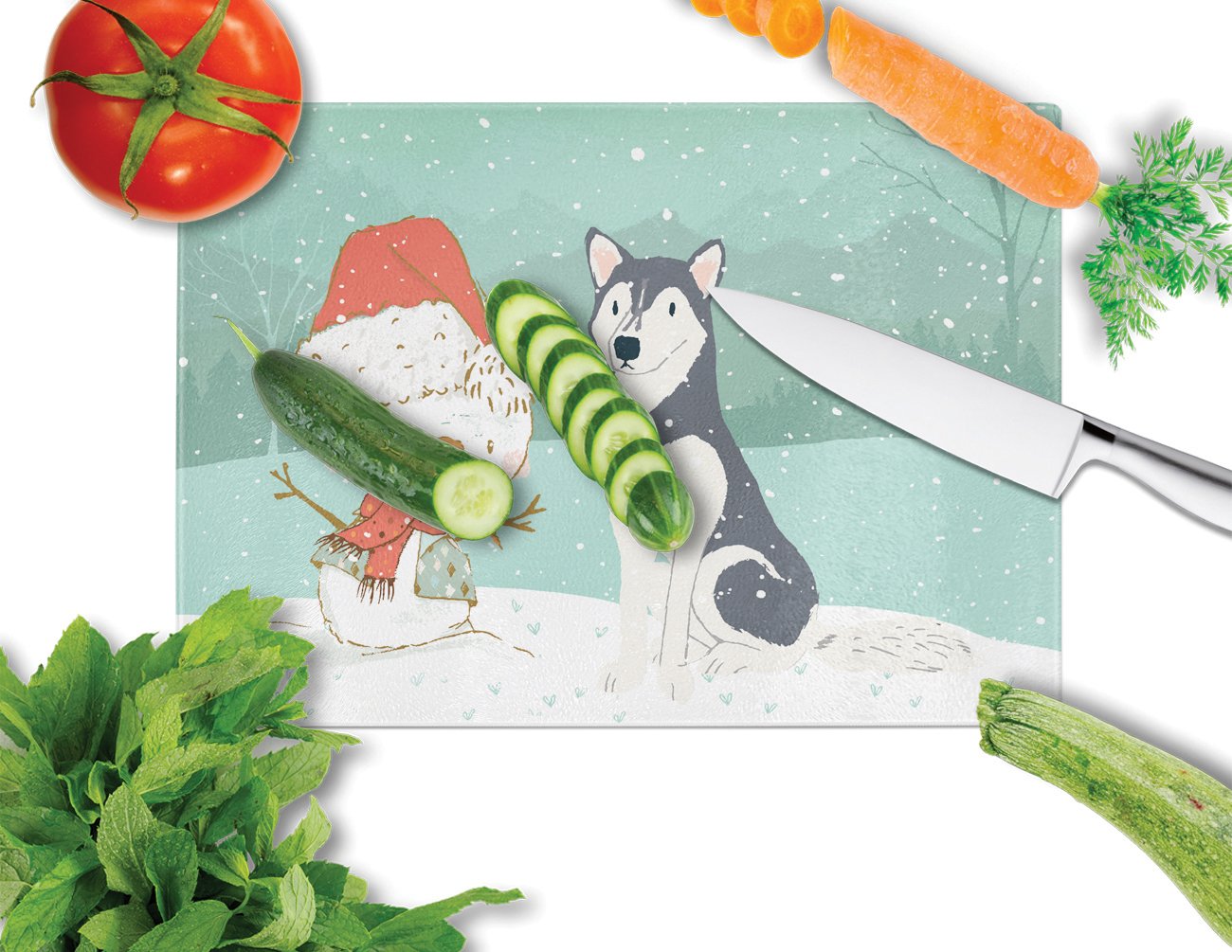 Siberian Husky Snowman Christmas Cutting Board Tempered Glass Kitchen Cutting Surface, Heat Resistant Chopping, Non-Slip Feet, Food Prep & Serving