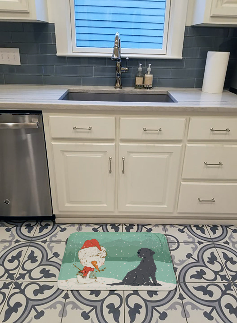 Black Labrador Snowman Christmas Memory Foam Kitchen Mat Machine Washable Anti-Fatigue Cushion Comfort Bath or Kitchen Rug