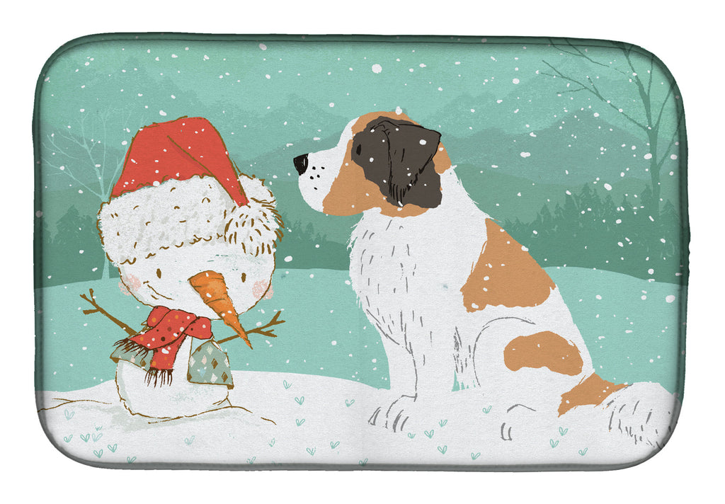 Saint Bernard Snowman Christmas Dish Drying Mat Absorbent Dish Drying Mat Pad for Kitchen Counter Dish Drainer Mat for Countertop, 14 x 21", Multicolor