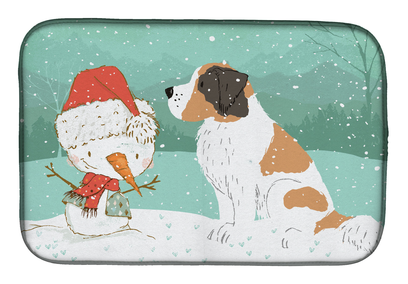 Saint Bernard Snowman Christmas Dish Drying Mat Absorbent Dish Drying Mat Pad for Kitchen Counter Dish Drainer Mat for Countertop, 14 x 21", Multicolor