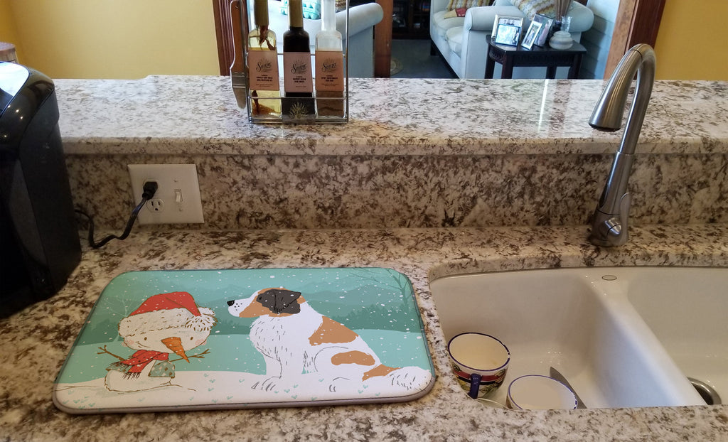 Saint Bernard Snowman Christmas Dish Drying Mat Absorbent Dish Drying Mat Pad for Kitchen Counter Dish Drainer Mat for Countertop, 14 x 21", Multicolor