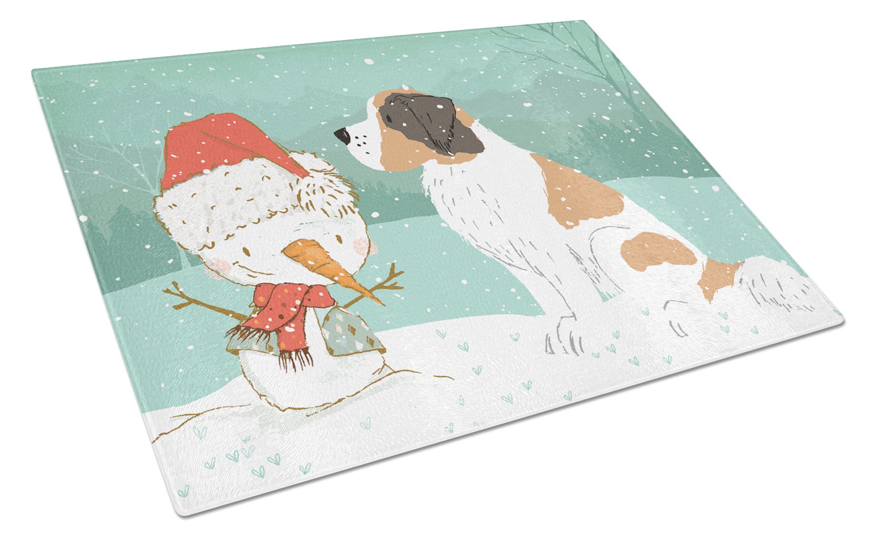 Saint Bernard Snowman Christmas Cutting Board Tempered Glass Kitchen Cutting Surface, Heat Resistant Chopping, Non-Slip Feet, Food Prep & Serving