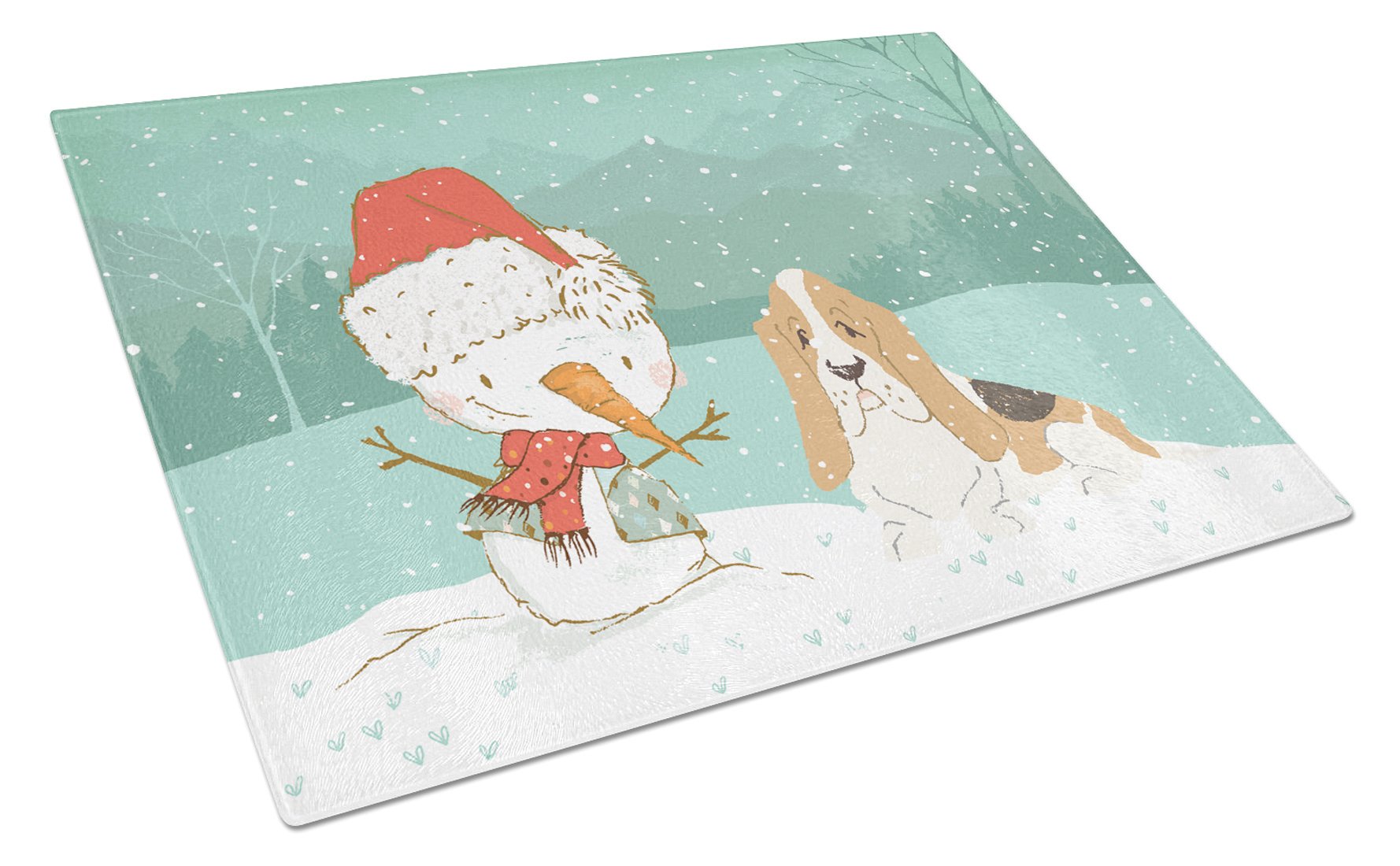 Basset Hound Snowman Christmas Cutting Board Tempered Glass Kitchen Cutting Surface, Heat Resistant Chopping, Non-Slip Feet, Food Prep & Serving