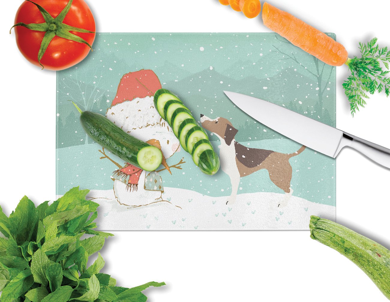 Beagle Snowman Christmas Cutting Board Tempered Glass Kitchen Cutting Surface, Heat Resistant Chopping, Non-Slip Feet, Food Prep & Serving