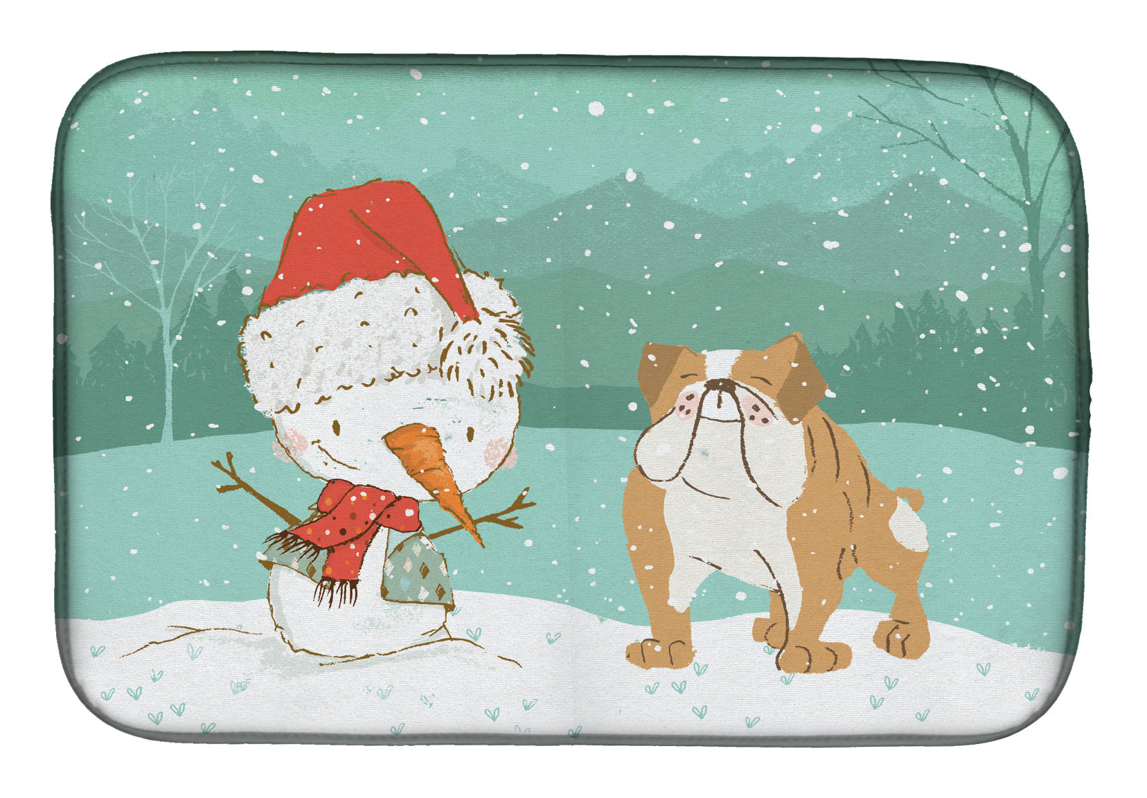 English Bulldog Snowman Christmas Dish Drying Mat Absorbent Dish Drying Mat Pad for Kitchen Counter Dish Drainer Mat for Countertop, 14 x 21", Multicolor