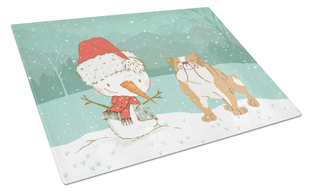 English Bulldog Snowman Christmas Cutting Board Tempered Glass Kitchen Cutting Surface, Heat Resistant Chopping, Non-Slip Feet, Food Prep & Serving