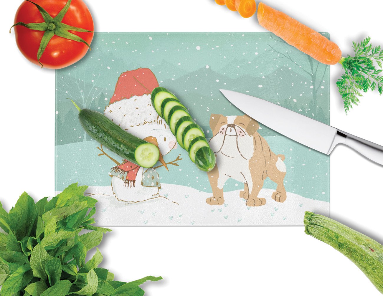 English Bulldog Snowman Christmas Cutting Board Tempered Glass Kitchen Cutting Surface, Heat Resistant Chopping, Non-Slip Feet, Food Prep & Serving