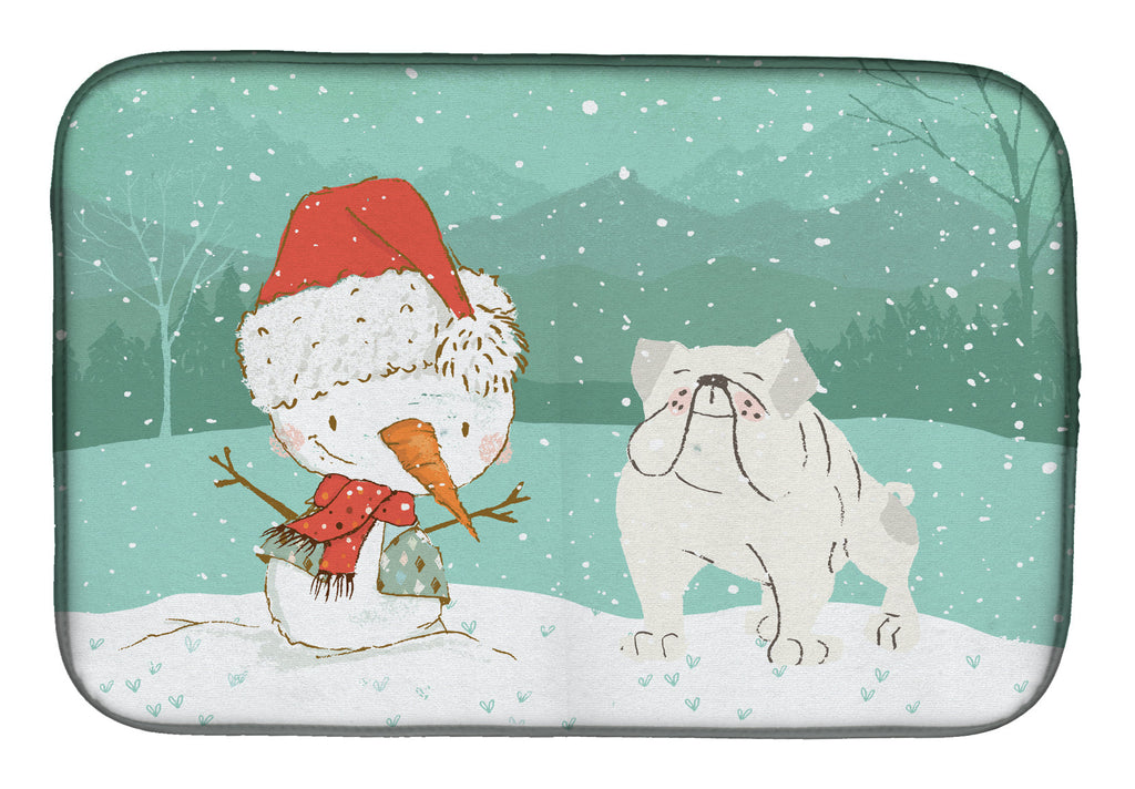 White English Bulldog Snowman Christmas Dish Drying Mat Absorbent Dish Drying Mat Pad for Kitchen Counter Dish Drainer Mat for Countertop, 14 x 21", Multicolor