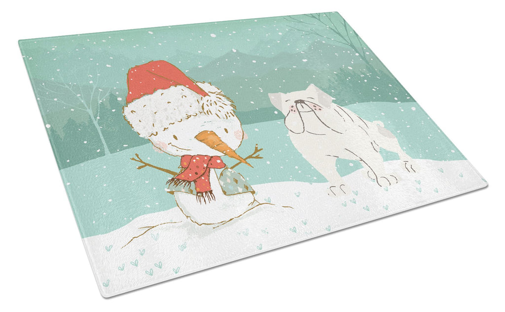 White English Bulldog Snowman Christmas Cutting Board Tempered Glass Kitchen Cutting Surface, Heat Resistant Chopping, Non-Slip Feet, Food Prep & Serving