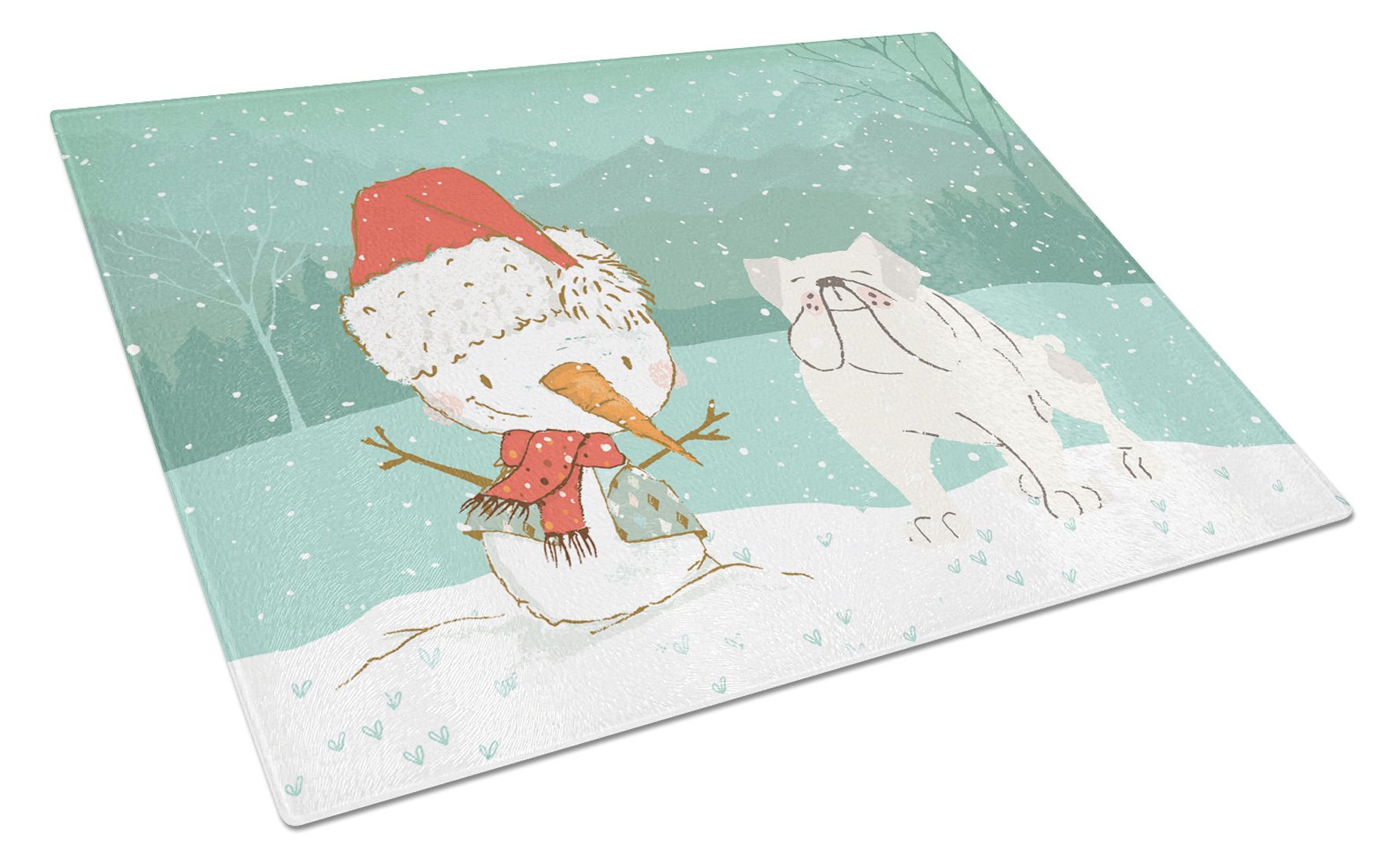 White English Bulldog Snowman Christmas Cutting Board Tempered Glass Kitchen Cutting Surface, Heat Resistant Chopping, Non-Slip Feet, Food Prep & Serving