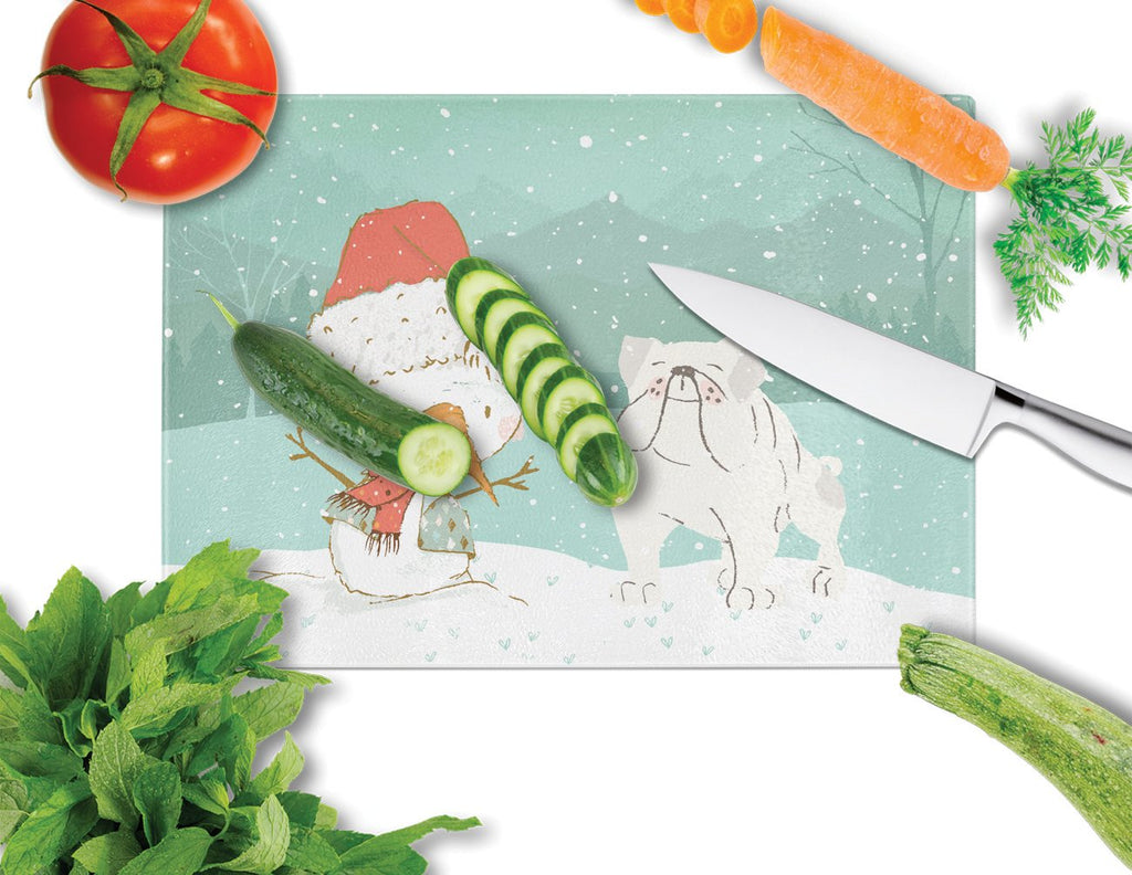 White English Bulldog Snowman Christmas Cutting Board Tempered Glass Kitchen Cutting Surface, Heat Resistant Chopping, Non-Slip Feet, Food Prep & Serving