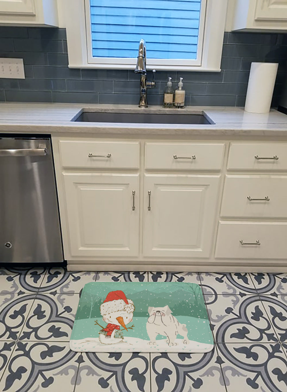 White English Bulldog Snowman Christmas Memory Foam Kitchen Mat Machine Washable Anti-Fatigue Cushion Comfort Bath or Kitchen Rug