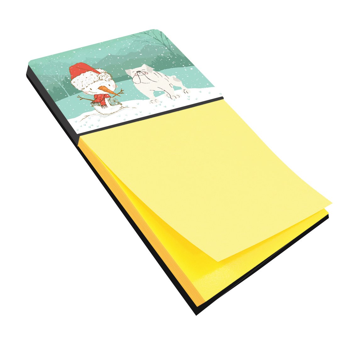 White English Bulldog Snowman Christmas Watercolor Sticky Note Holder Refillable Dispenser Desk Accessory 3x3 Pad Gift