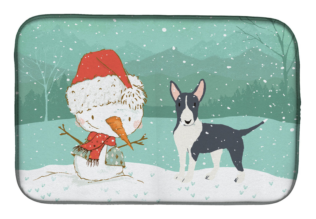 Black Bull Terrier Snowman Christmas Dish Drying Mat Absorbent Dish Drying Mat Pad for Kitchen Counter Dish Drainer Mat for Countertop, 14 x 21", Multicolor