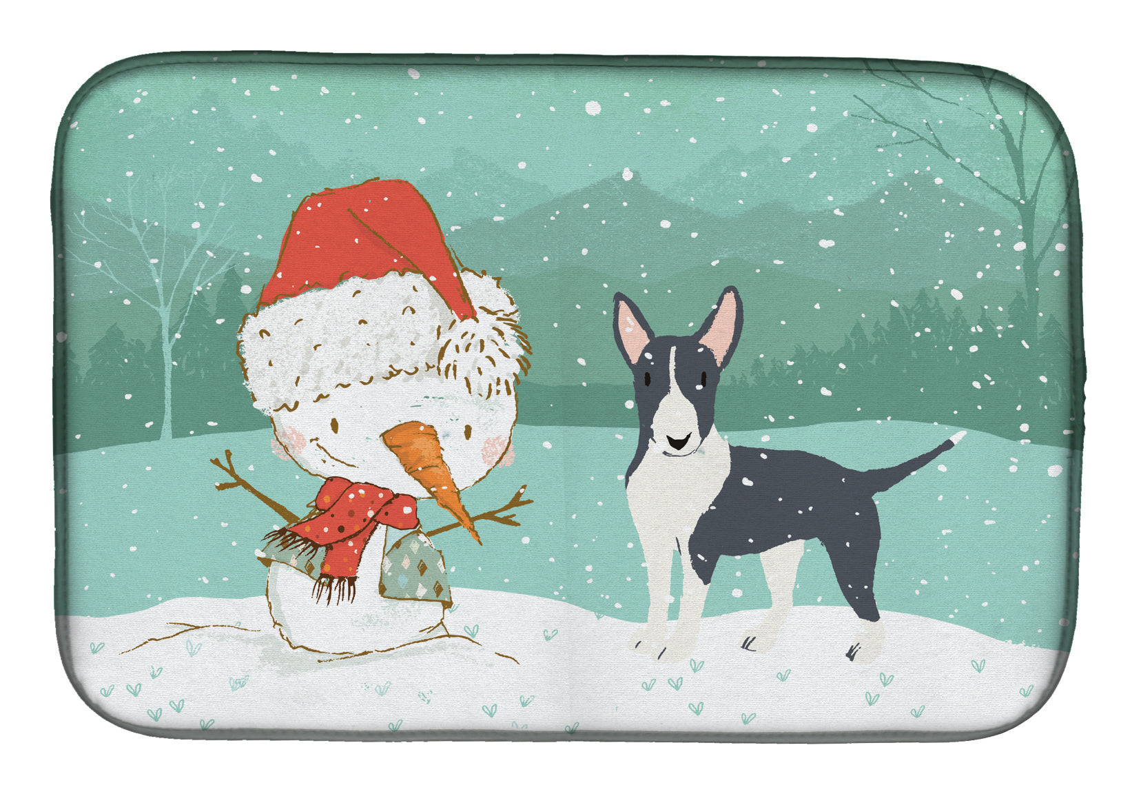 Black Bull Terrier Snowman Christmas Dish Drying Mat Absorbent Dish Drying Mat Pad for Kitchen Counter Dish Drainer Mat for Countertop, 14 x 21", Multicolor