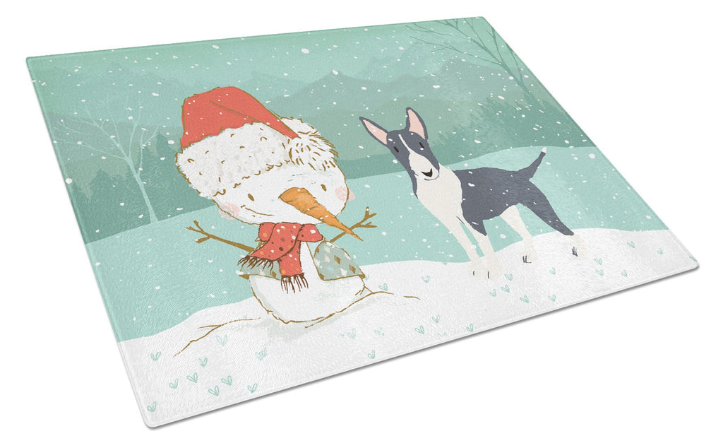 Black Bull Terrier Snowman Christmas Cutting Board Tempered Glass Kitchen Cutting Surface, Heat Resistant Chopping, Non-Slip Feet, Food Prep & Serving