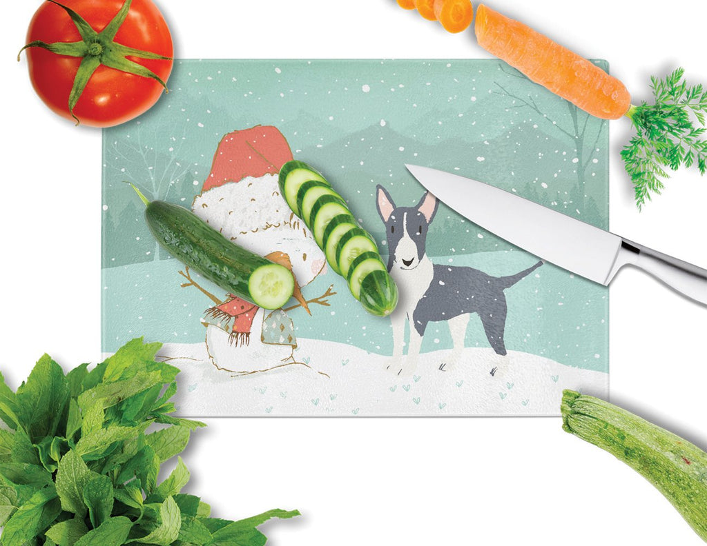 Black Bull Terrier Snowman Christmas Cutting Board Tempered Glass Kitchen Cutting Surface, Heat Resistant Chopping, Non-Slip Feet, Food Prep & Serving