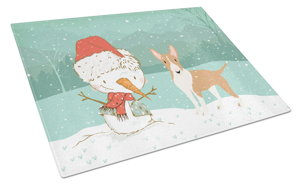 Fawn Bull Terrier Snowman Christmas Cutting Board Tempered Glass Kitchen Cutting Surface, Heat Resistant Chopping, Non-Slip Feet, Food Prep & Serving