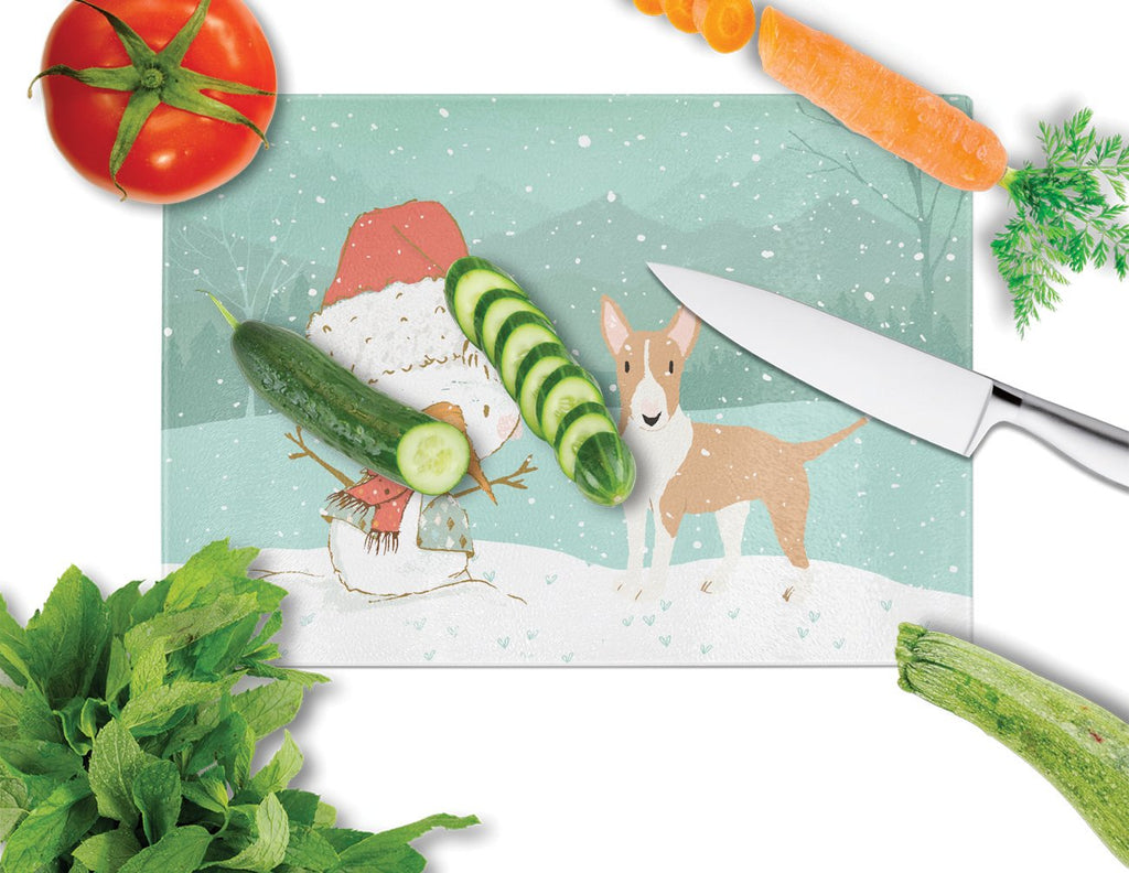Fawn Bull Terrier Snowman Christmas Cutting Board Tempered Glass Kitchen Cutting Surface, Heat Resistant Chopping, Non-Slip Feet, Food Prep & Serving