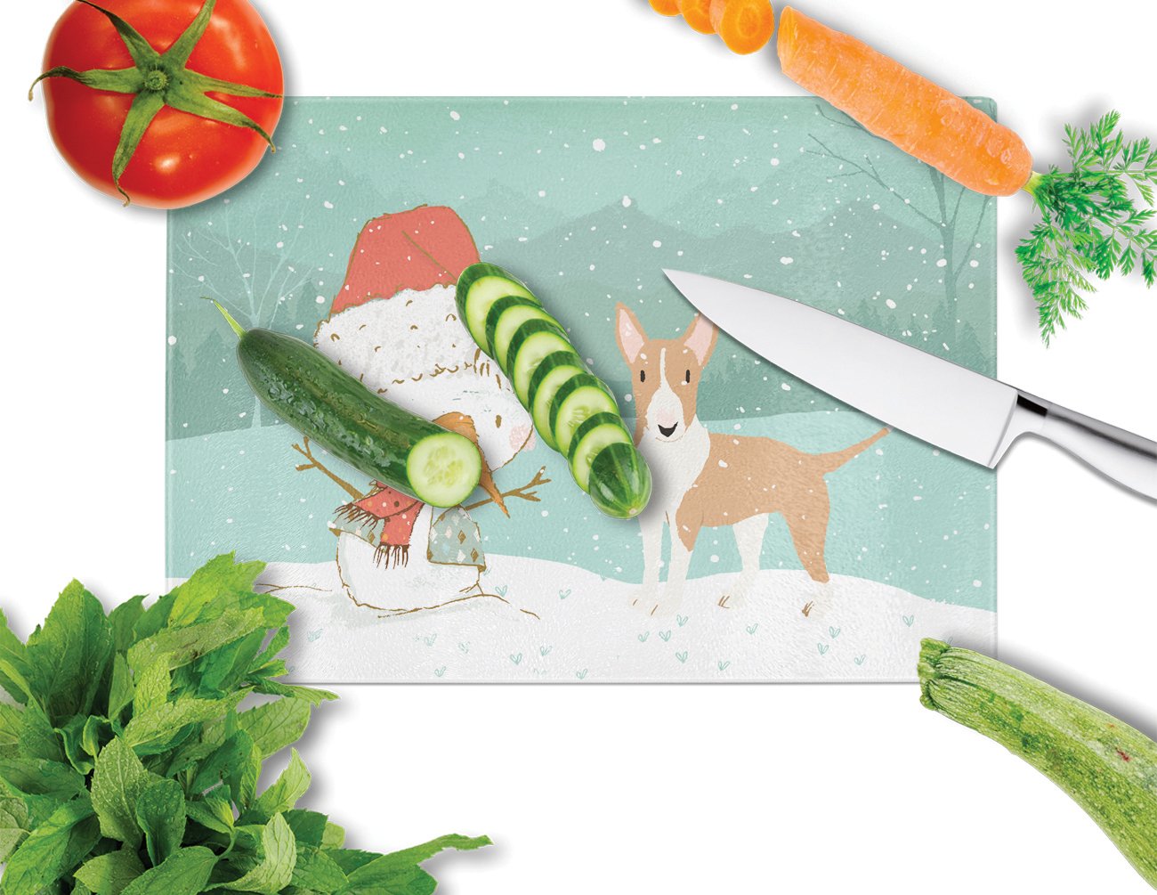 Fawn Bull Terrier Snowman Christmas Cutting Board Tempered Glass Kitchen Cutting Surface, Heat Resistant Chopping, Non-Slip Feet, Food Prep & Serving