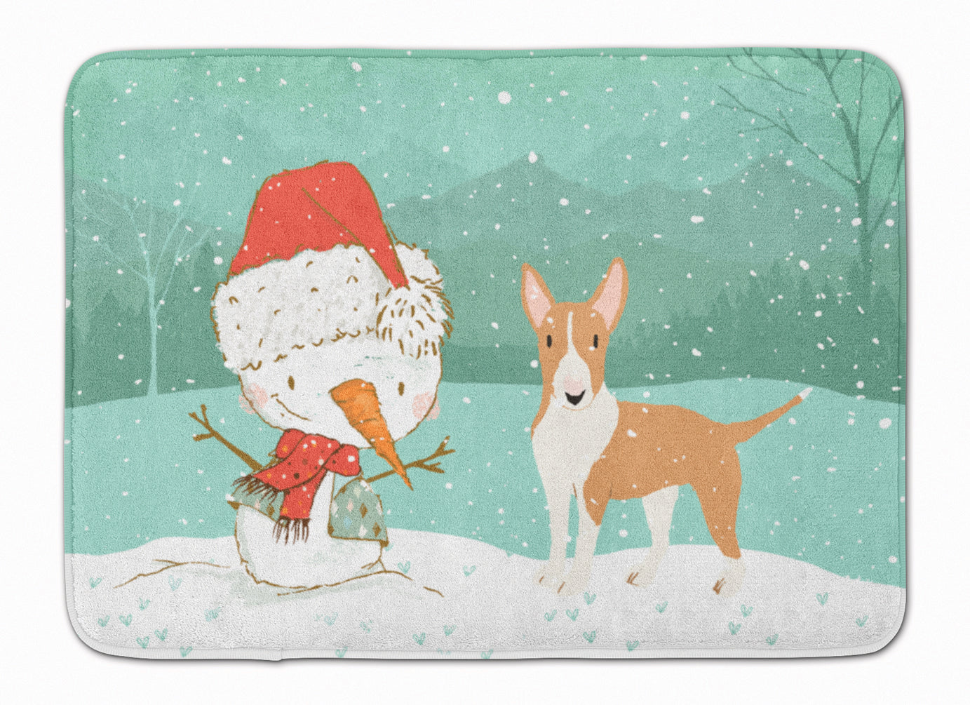 Fawn Bull Terrier Snowman Christmas Memory Foam Kitchen Mat Machine Washable Anti-Fatigue Cushion Comfort Bath or Kitchen Rug