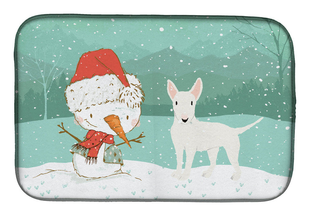 White Bull Terrier Snowman Christmas Dish Drying Mat Absorbent Dish Drying Mat Pad for Kitchen Counter Dish Drainer Mat for Countertop, 14 x 21", Multicolor