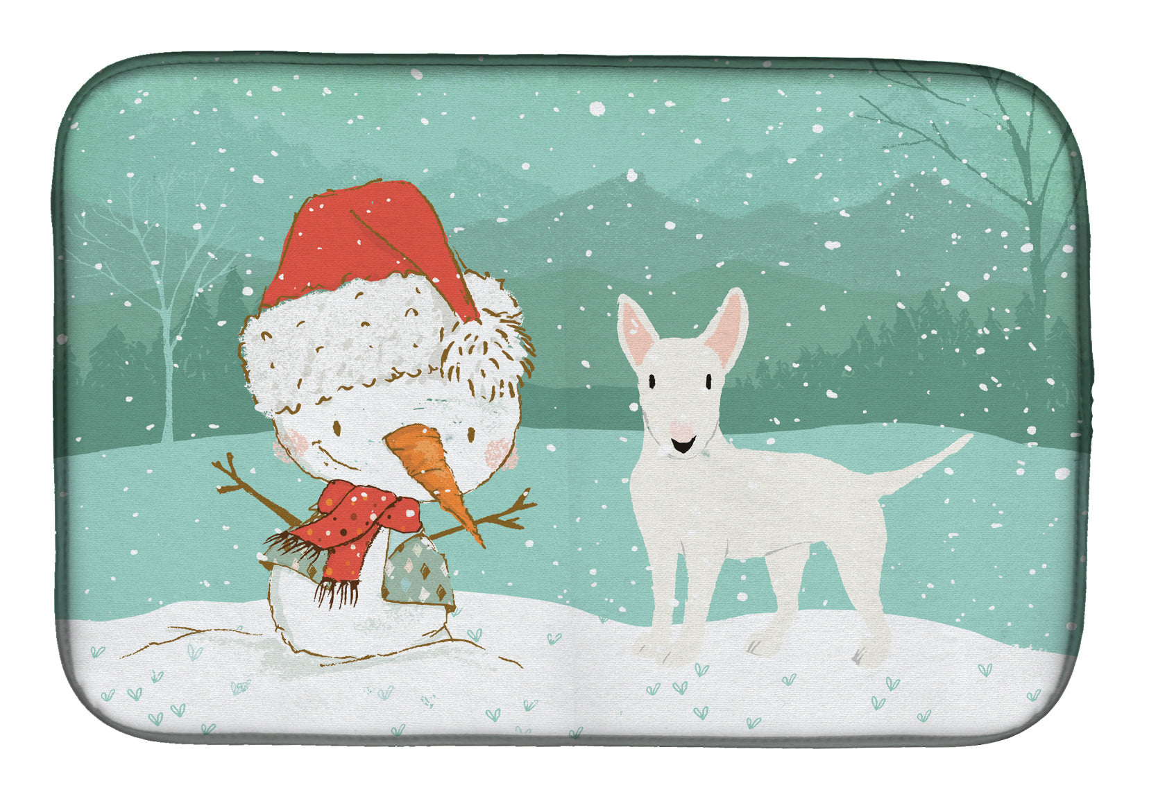 White Bull Terrier Snowman Christmas Dish Drying Mat Absorbent Dish Drying Mat Pad for Kitchen Counter Dish Drainer Mat for Countertop, 14 x 21", Multicolor