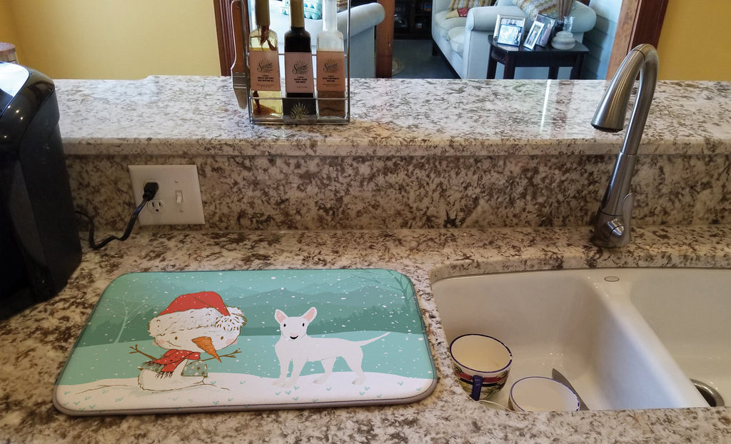 White Bull Terrier Snowman Christmas Dish Drying Mat Absorbent Dish Drying Mat Pad for Kitchen Counter Dish Drainer Mat for Countertop, 14 x 21", Multicolor