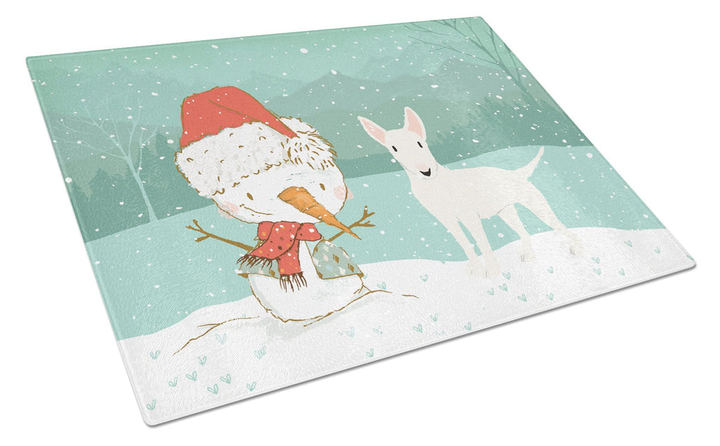 White Bull Terrier Snowman Christmas Cutting Board Tempered Glass Kitchen Cutting Surface, Heat Resistant Chopping, Non-Slip Feet, Food Prep & Serving