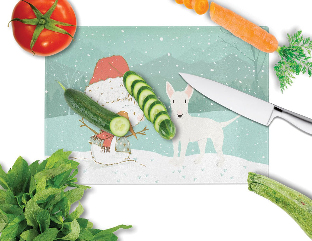 White Bull Terrier Snowman Christmas Cutting Board Tempered Glass Kitchen Cutting Surface, Heat Resistant Chopping, Non-Slip Feet, Food Prep & Serving