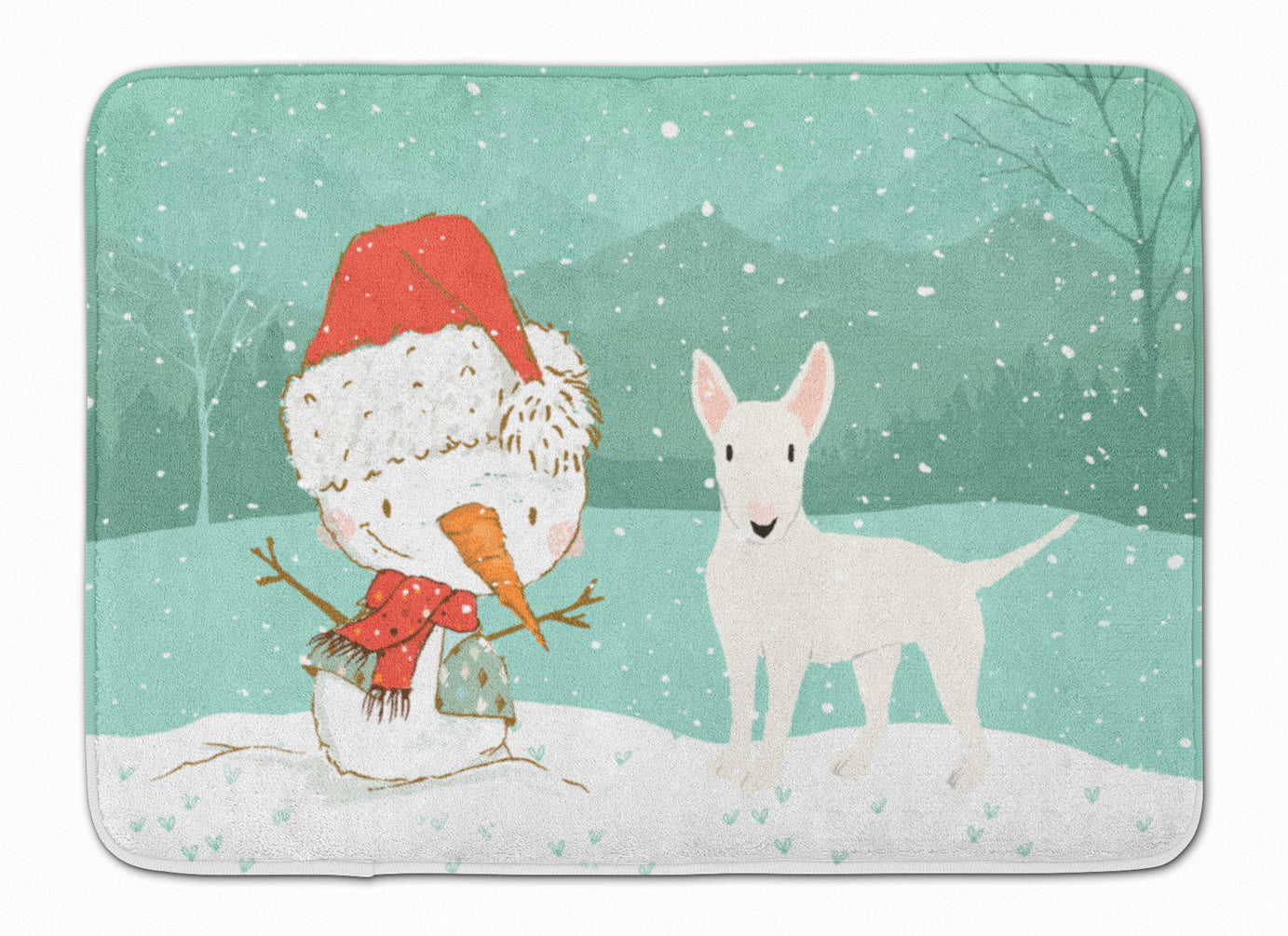 White Bull Terrier Snowman Christmas Memory Foam Kitchen Mat Machine Washable Anti-Fatigue Cushion Comfort Bath or Kitchen Rug