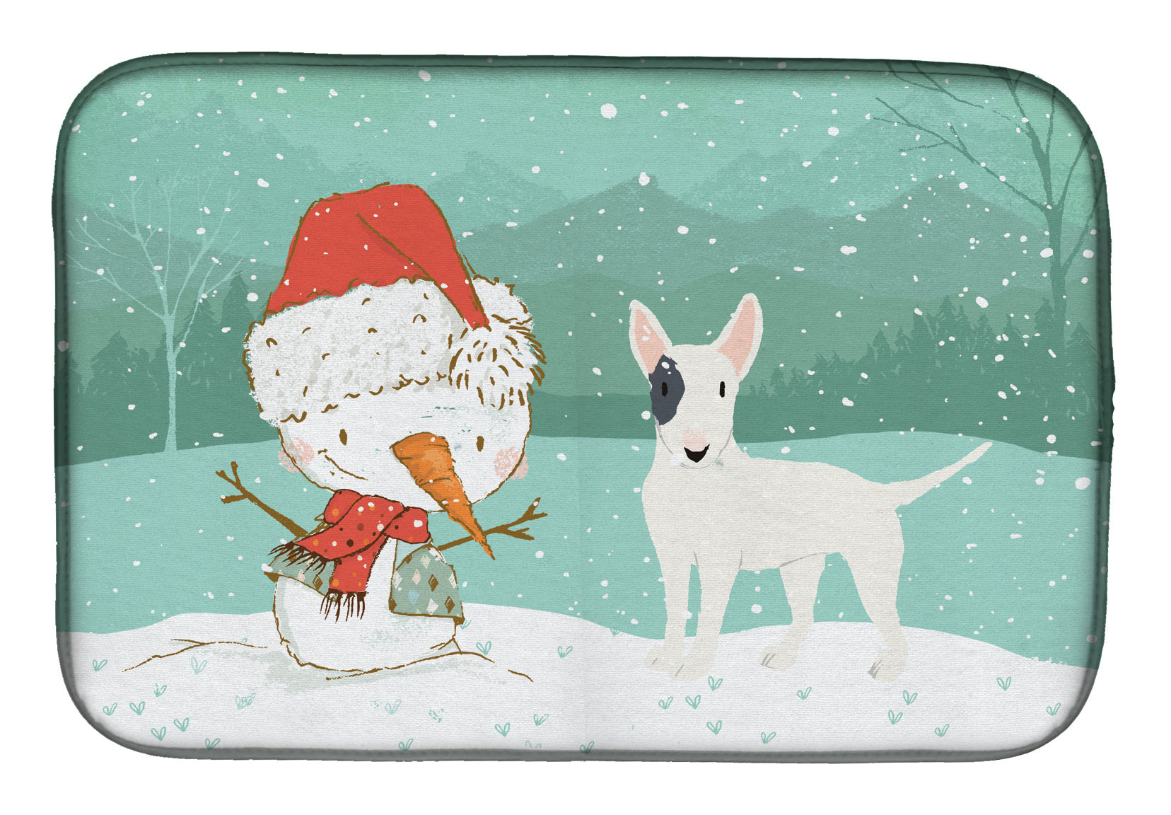 White Spot Bull Terrier Snowman Christmas Dish Drying Mat Absorbent Dish Drying Mat Pad for Kitchen Counter Dish Drainer Mat for Countertop, 14 x 21", Multicolor