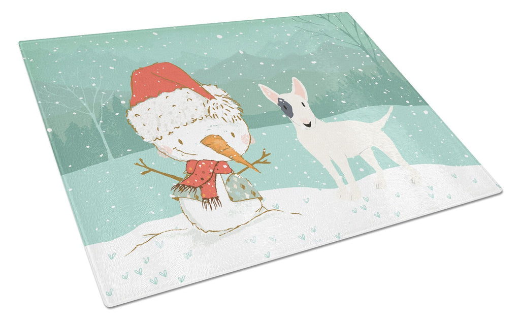 White Spot Bull Terrier Snowman Christmas Cutting Board Tempered Glass Kitchen Cutting Surface, Heat Resistant Chopping, Non-Slip Feet, Food Prep & Serving